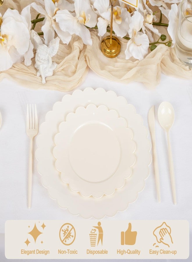 supernal 100pcs Ivory Plastic Plates Fancy Disposable Scalloped Plates for Party Heavy Duty for Party,Wedding,Brthdays Bridal Shower Plate Include 50 Plastic Dinner & Dessert Plate - Image 3