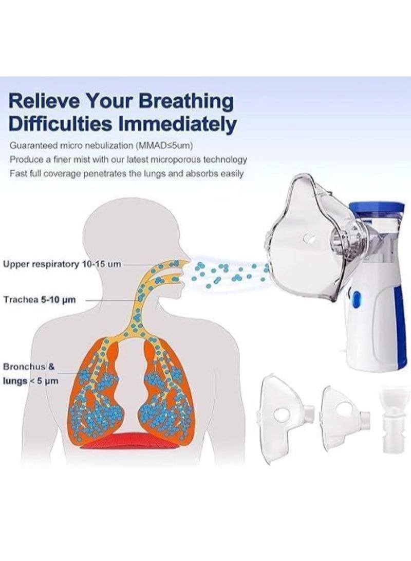 TNM Portable Mesh Nebulizer Machine - Silent Ultrasonic Inhaler for Kids and Adults - Handheld Respiration Device for Asthma and Cold Relief - Blue/White - Image 5