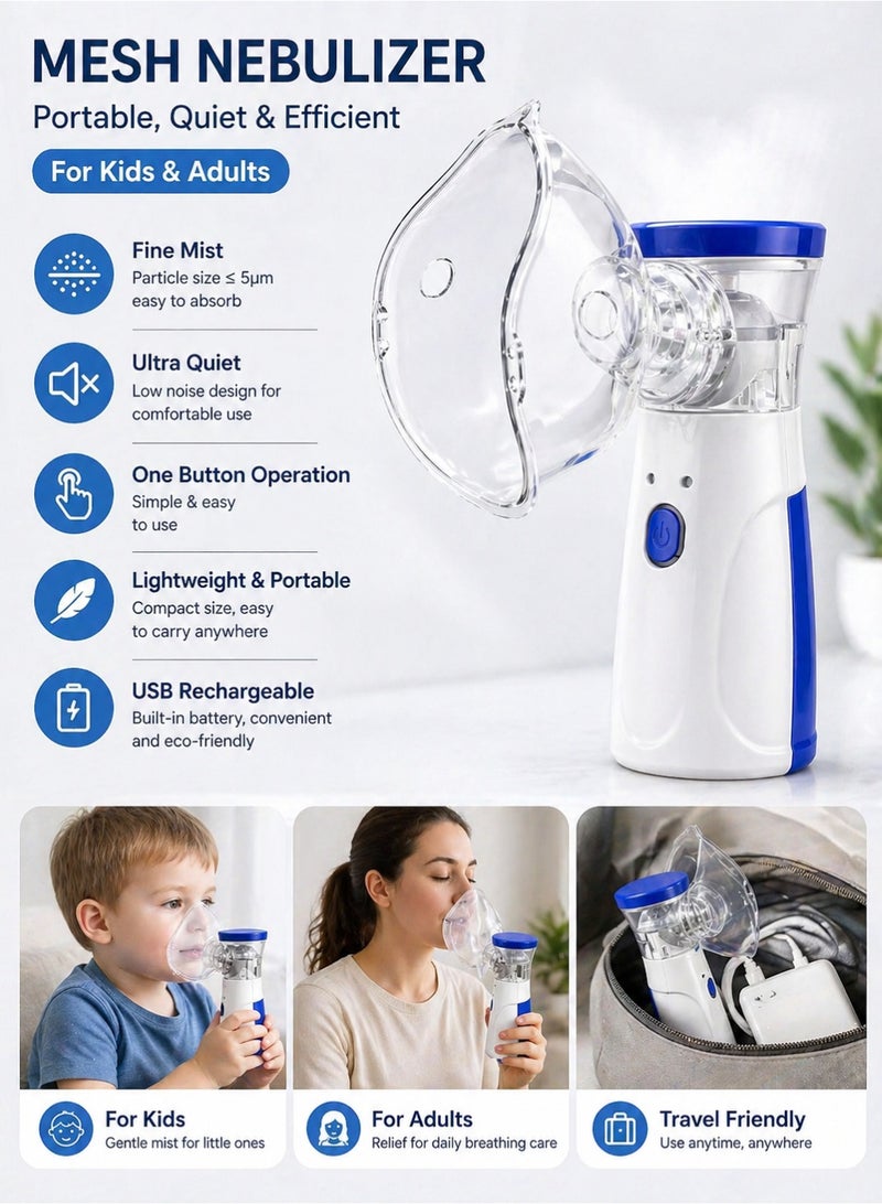 TNM Portable Mesh Nebulizer Machine - Silent Ultrasonic Inhaler for Kids and Adults - Handheld Respiration Device for Asthma and Cold Relief - Blue/White - Image 3