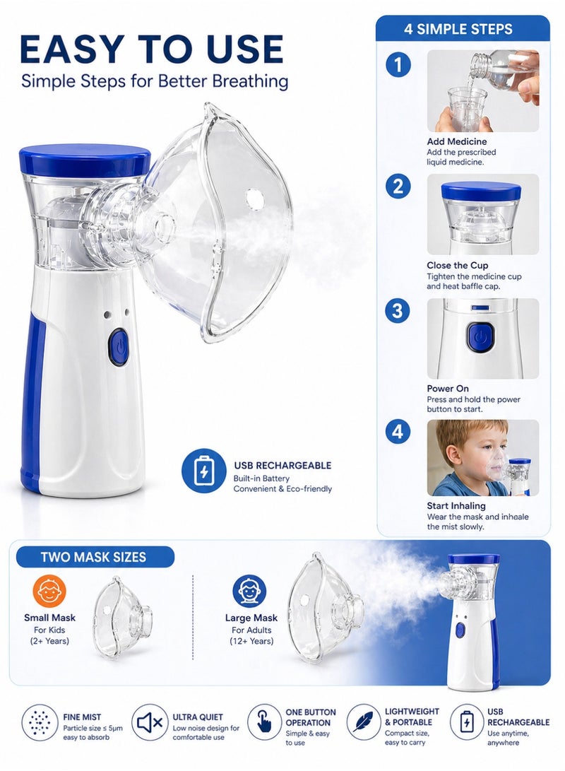 TNM Portable Mesh Nebulizer Machine - Silent Ultrasonic Inhaler for Kids and Adults - Handheld Respiration Device for Asthma and Cold Relief - Blue/White - Image 5