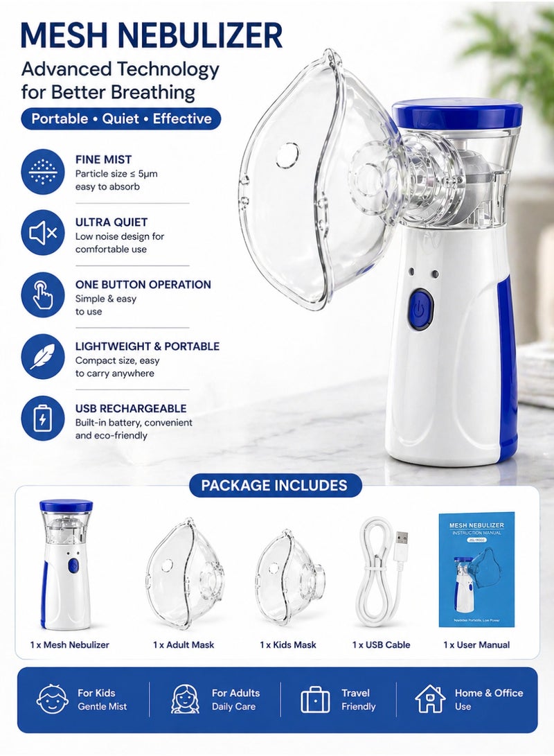 TNM Portable Mesh Nebulizer Machine - Silent Ultrasonic Inhaler for Kids and Adults - Handheld Respiration Device for Asthma and Cold Relief - Blue/White - Image 4