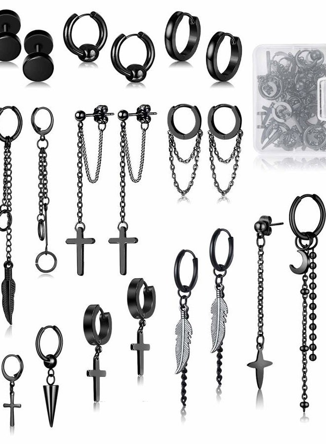 FIFATA 20 Pieces Chain Hoop Earrings Moon and Star Drop Earrings Cross Stainless Steel Hinged Pendant Eboy Earrings for Men Women, Stainless Steel, No Gemstone - Image 1