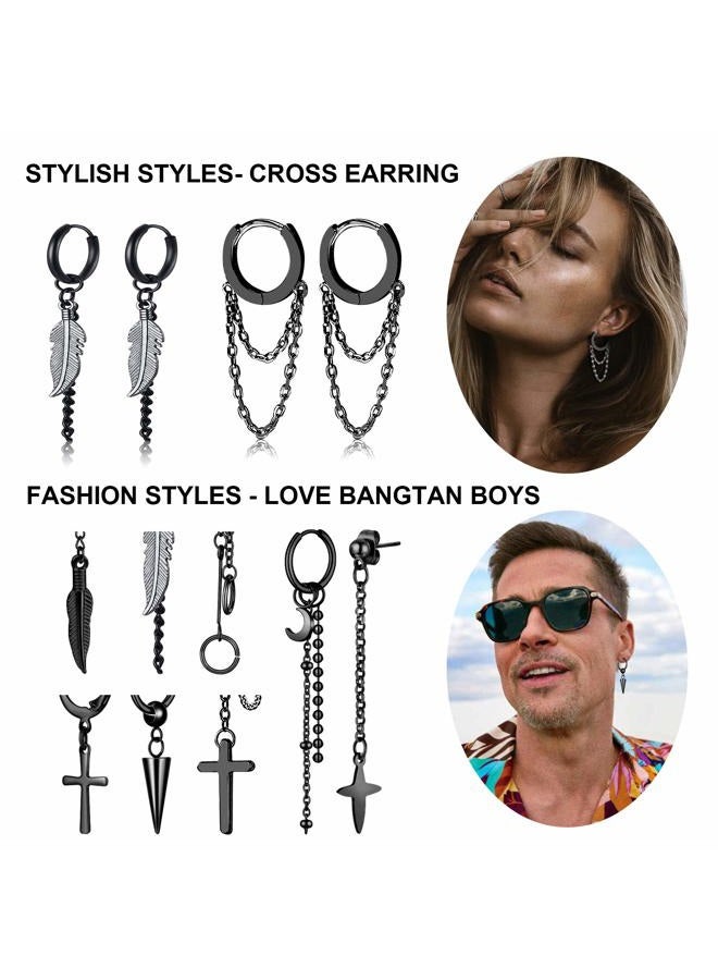 FIFATA 20 Pieces Chain Hoop Earrings Moon and Star Drop Earrings Cross Stainless Steel Hinged Pendant Eboy Earrings for Men Women, Stainless Steel, No Gemstone - Image 2