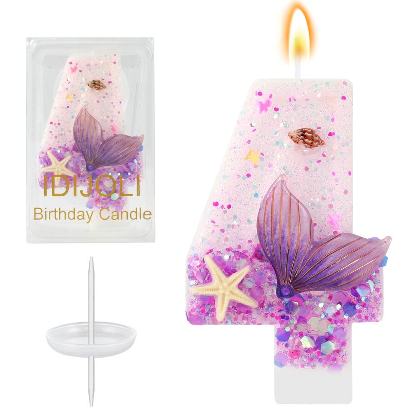 IDIJOLI Purple Number 4 Candles Mermaid Birthday Candle 4th Birthday Cake Topper Cupcake Decorations for Girls and Women Party Decor Anniversary Celebrations Supplies Favors - Image 1
