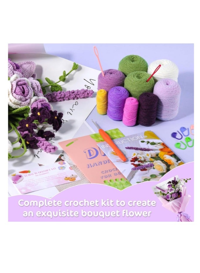 الواحة-TH مجموعة كروشيه للمبتدئين، مجموعة كروشيه باقة زهور وردية، مجموعة كروشيه للمبتدئين مع دروس فيديو خطوة بخطوة لهدية عيد الميلاد والذكرى السنوية وديكور المنزل (أرجواني) - Image 4
