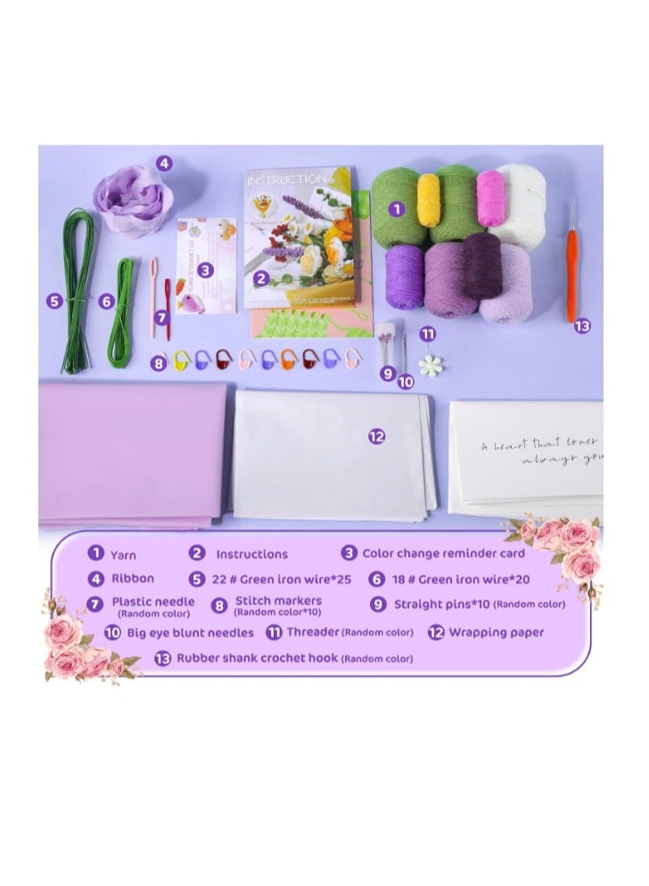 الواحة-TH مجموعة كروشيه للمبتدئين، مجموعة كروشيه باقة زهور وردية، مجموعة كروشيه للمبتدئين مع دروس فيديو خطوة بخطوة لهدية عيد الميلاد والذكرى السنوية وديكور المنزل (أرجواني) - Image 2