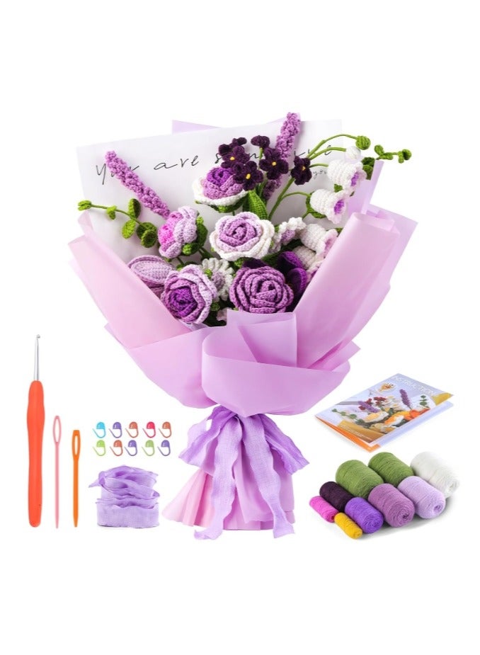 الواحة-TH مجموعة كروشيه للمبتدئين، مجموعة كروشيه باقة زهور وردية، مجموعة كروشيه للمبتدئين مع دروس فيديو خطوة بخطوة لهدية عيد الميلاد والذكرى السنوية وديكور المنزل (أرجواني) - Image 1