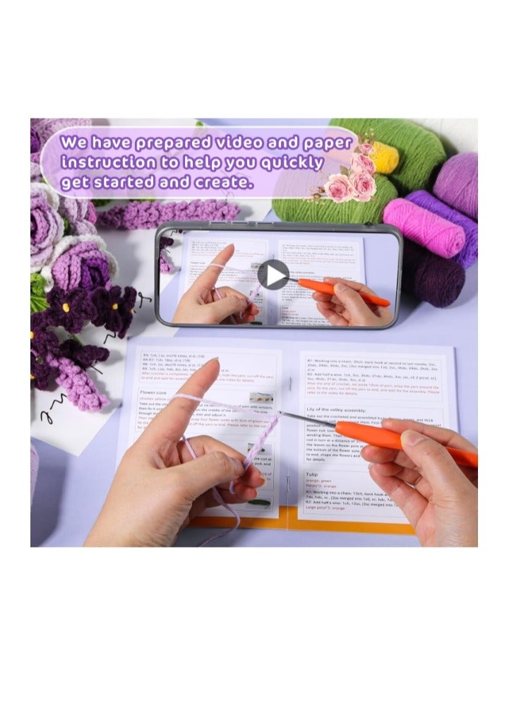 الواحة-TH مجموعة كروشيه للمبتدئين، مجموعة كروشيه باقة زهور وردية، مجموعة كروشيه للمبتدئين مع دروس فيديو خطوة بخطوة لهدية عيد الميلاد والذكرى السنوية وديكور المنزل (أرجواني) - Image 3