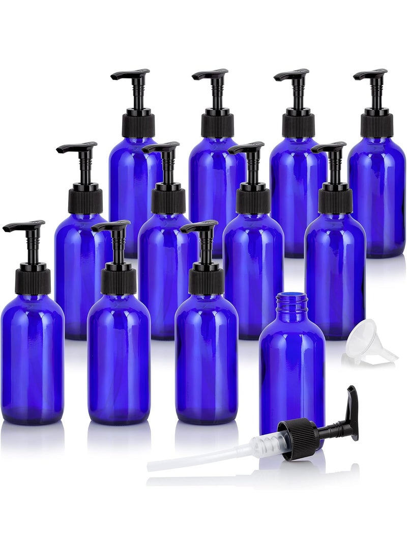 JUVITUS 4 oz Cobalt Blue Glass Boston Round Bottle with Black Lotion Pump (12 Pack) + Funnel 