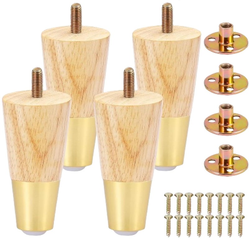 QZibeva Set 4 Pcs Oak Wood Furniture Legs Round Solid Mid Century Legs 4 inch Couch Legs Replacement Natural Finish - Image 3