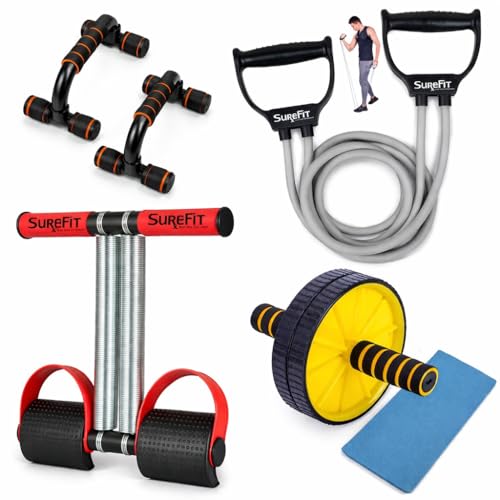 SUREFIT 4-in-1 Home Gym Fitness Kit – Double Spring Tummy Trimmer, Resistance Toning Tube, Ab Roller & Push-Up Bar – Full Body Workout Equipment – Maroon - Image 1