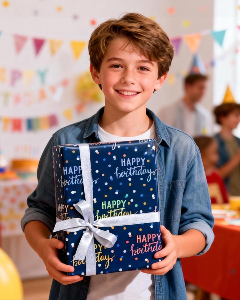 MAYPLUSS Birthday Wrapping Paper Roll, Blue Metallic Holographic Happy Birthday Wrapping Paper Featuring Revesible Stripe Gift Wrap Paper for Boys Kids Girls Men, 17 Inches x 33 Feet - Image 4