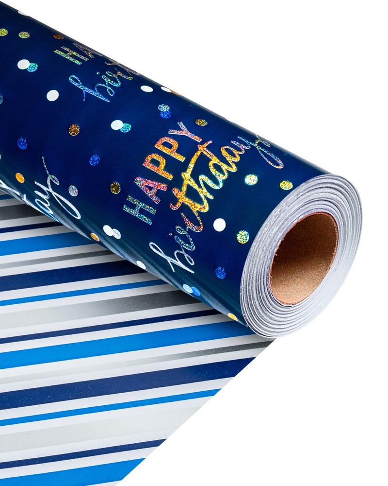 MAYPLUSS Birthday Wrapping Paper Roll, Blue Metallic Holographic Happy Birthday Wrapping Paper Featuring Revesible Stripe Gift Wrap Paper for Boys Kids Girls Men, 17 Inches x 33 Feet - Image 1