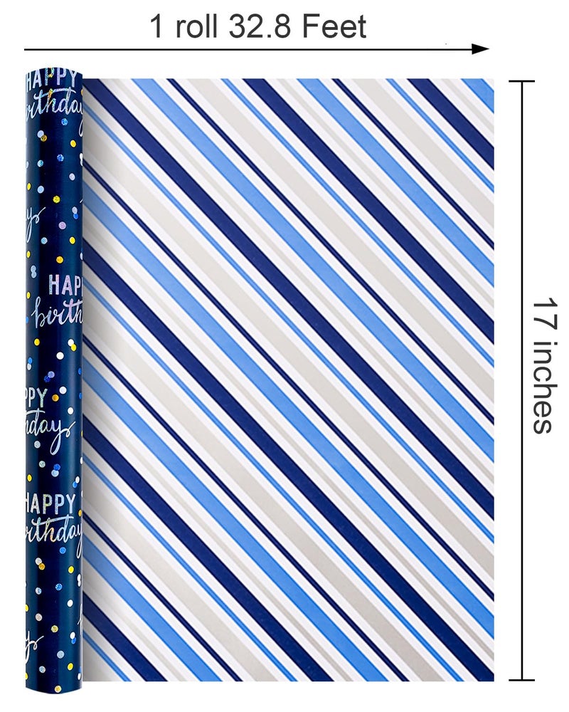 MAYPLUSS Birthday Wrapping Paper Roll, Blue Metallic Holographic Happy Birthday Wrapping Paper Featuring Revesible Stripe Gift Wrap Paper for Boys Kids Girls Men, 17 Inches x 33 Feet - Image 5