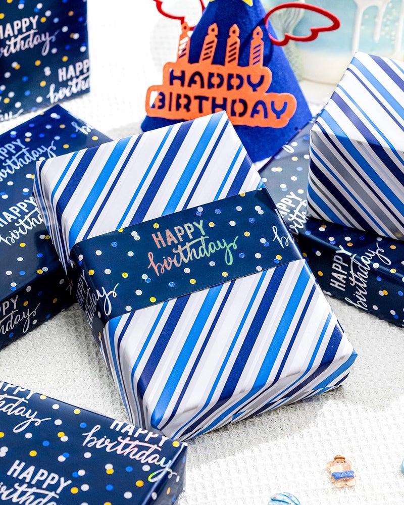 MAYPLUSS Birthday Wrapping Paper Roll, Blue Metallic Holographic Happy Birthday Wrapping Paper Featuring Revesible Stripe Gift Wrap Paper for Boys Kids Girls Men, 17 Inches x 33 Feet - Image 3