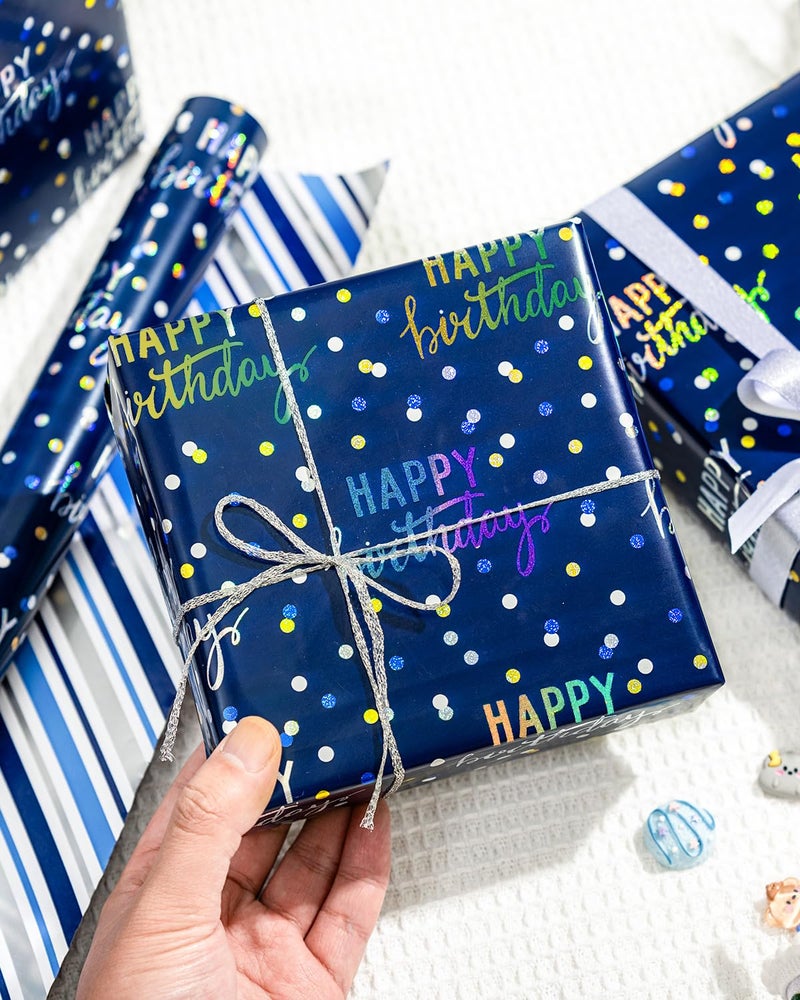 MAYPLUSS Birthday Wrapping Paper Roll, Blue Metallic Holographic Happy Birthday Wrapping Paper Featuring Revesible Stripe Gift Wrap Paper for Boys Kids Girls Men, 17 Inches x 33 Feet - Image 2
