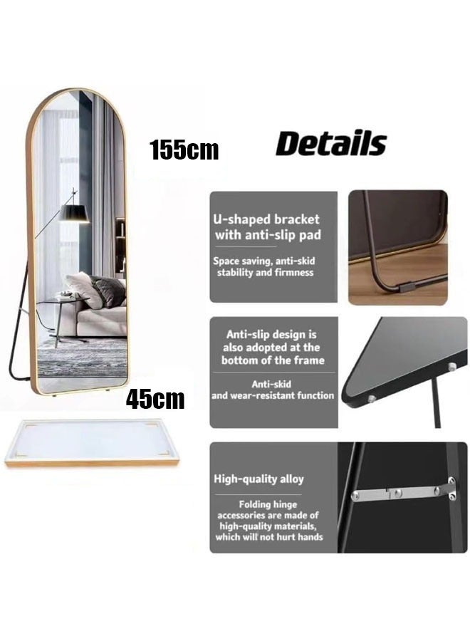 عربست مرايا طويلة 155 سم - 45 سم من سبائك الألومنيوم المقوسة، مرايا كبيرة للزينة معلقة على الحائط مع حامل لغرفة النوم وغرفة المعيشة وغرفة النوم باللون الأسود - Image 3