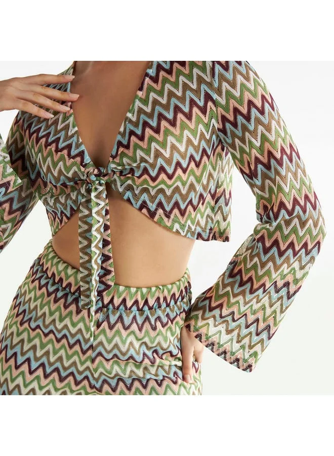 Splash FAV Chevron Textured Crop Top with Long Sleeves and Tie-Ups