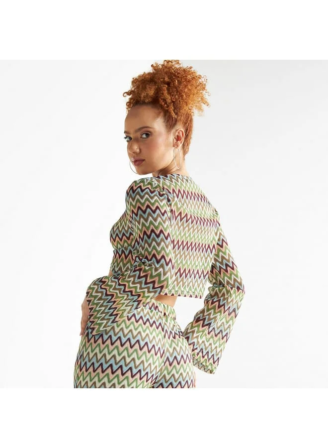 Splash FAV Chevron Textured Crop Top with Long Sleeves and Tie-Ups