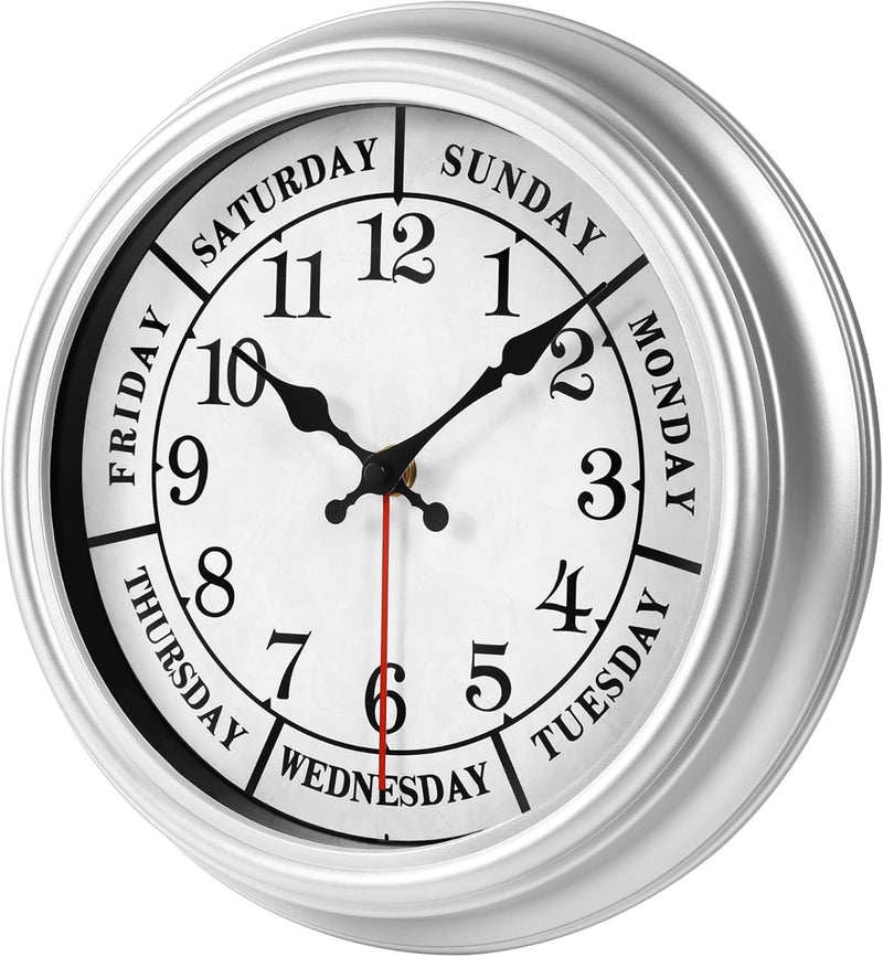 JENLYSTIME ساعة حائطية رترو من بقياس 12 بوصة، تعرض أيام الأسبوع بشكل كلاسيكي، تعمل ببطارية بدون صوت (لون فضي). - Image 2