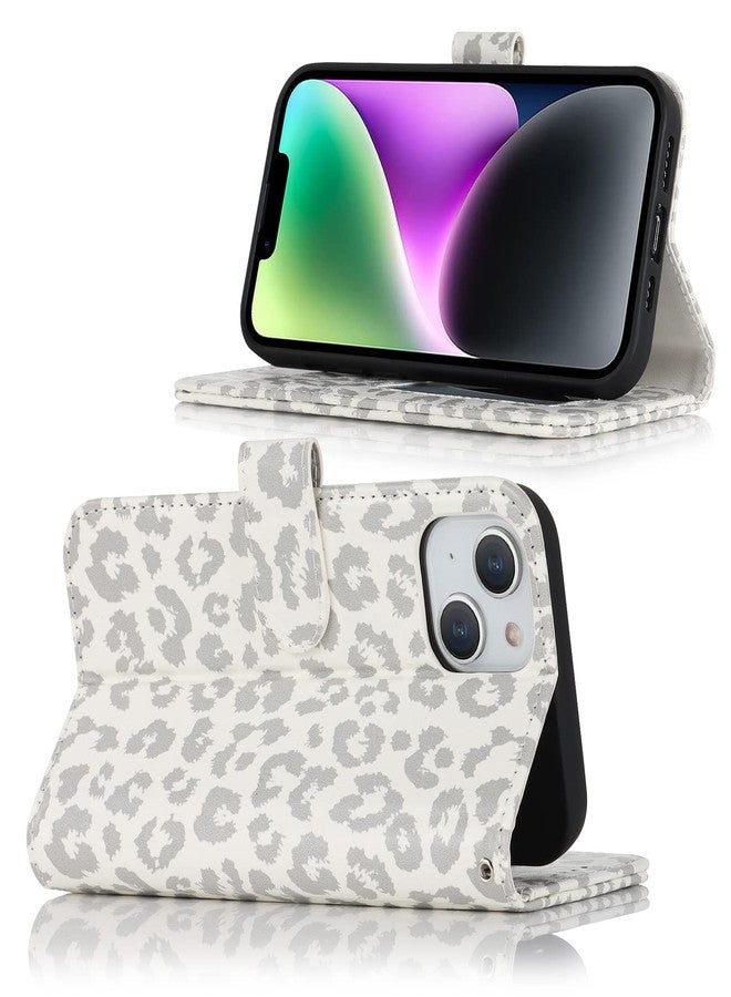 آي كوفر كايس جراب iCoverCase متوافق مع iPhone 13/14، جراب محفظة مع حامل بطاقات وحزام معصم، جراب قلاب واقي مغناطيسي من الجلد الصناعي مع مسند، مقاس 6.1 بوصة (لون أبيض بنقشة جلد النمر) - Image 5