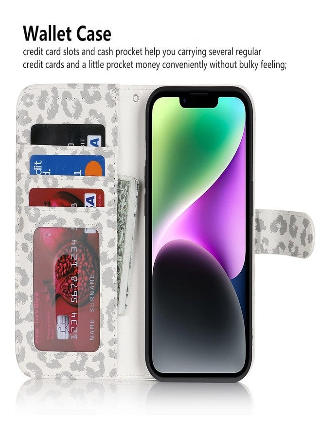 آي كوفر كايس جراب iCoverCase متوافق مع iPhone 13/14، جراب محفظة مع حامل بطاقات وحزام معصم، جراب قلاب واقي مغناطيسي من الجلد الصناعي مع مسند، مقاس 6.1 بوصة (لون أبيض بنقشة جلد النمر) - Image 4