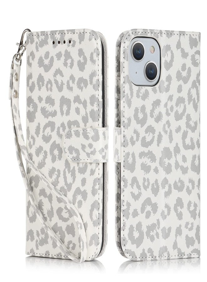 آي كوفر كايس جراب iCoverCase متوافق مع iPhone 13/14، جراب محفظة مع حامل بطاقات وحزام معصم، جراب قلاب واقي مغناطيسي من الجلد الصناعي مع مسند، مقاس 6.1 بوصة (لون أبيض بنقشة جلد النمر) - Image 3