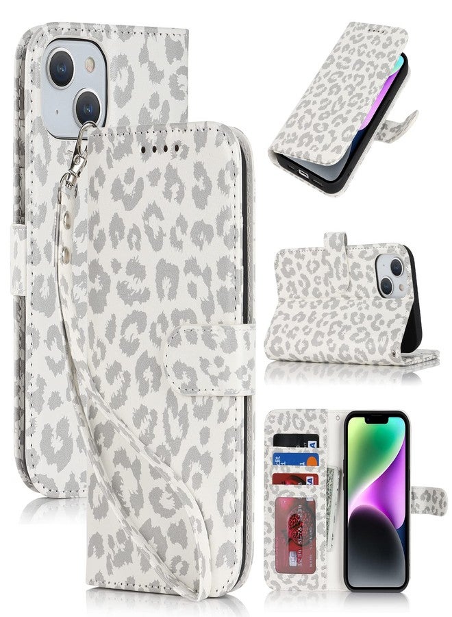 آي كوفر كايس جراب iCoverCase متوافق مع iPhone 13/14، جراب محفظة مع حامل بطاقات وحزام معصم، جراب قلاب واقي مغناطيسي من الجلد الصناعي مع مسند، مقاس 6.1 بوصة (لون أبيض بنقشة جلد النمر) - Image 1
