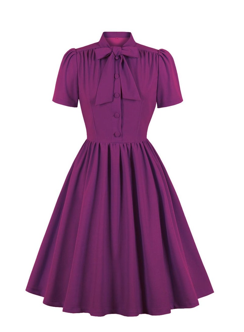 Loquat Standing Neck Style Lace up Big Swing Dress Purple  - Image 1