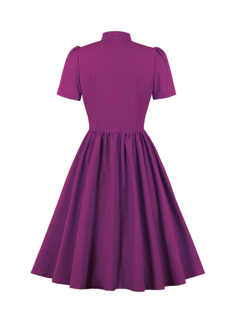 Loquat Standing Neck Style Lace up Big Swing Dress Purple  - Image 2