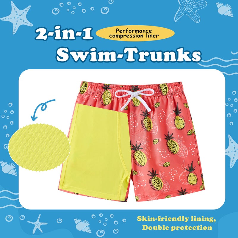 UMELOK Boys Swim Trunks Swimsuit Compression Liner Stretch Swim Shorts Boxer Brief 2 in 1 Quick Dry Swimming Trunks Beach Shorts Orange Pineapple 10/12 - Image 3