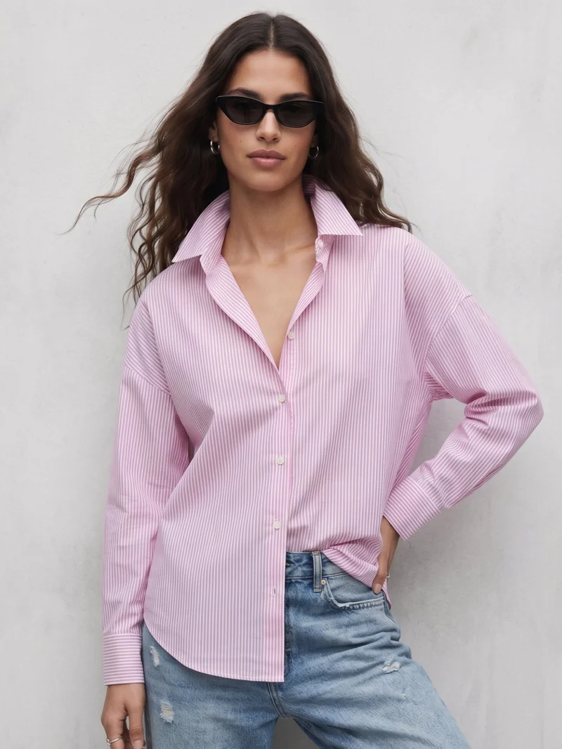 Outzidr  Pink Oversized Drop Shoulder Y/D Stripe Shirt for Women | Best Price UAE