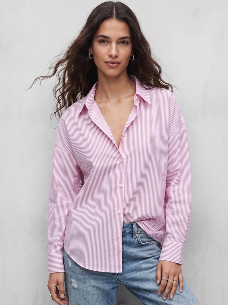 Pink Oversized Drop Shoulder Y/D Stripe Shirt