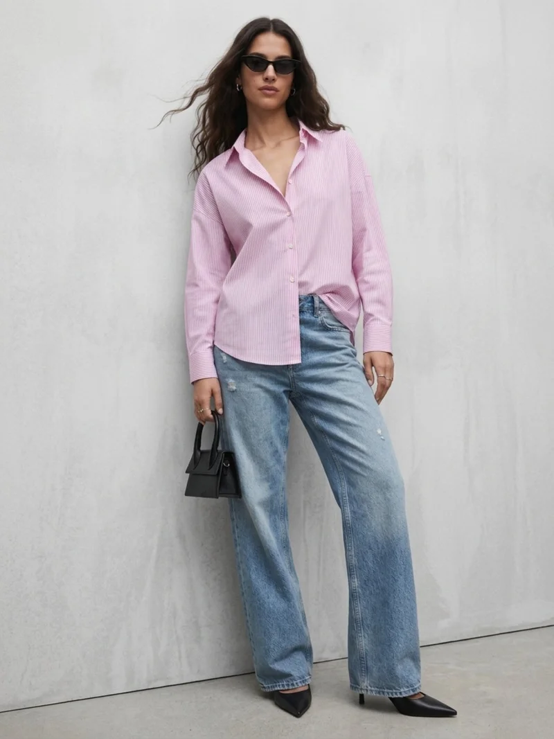 Outzidr  Pink Oversized Drop Shoulder Y/D Stripe Shirt for Women | Best Price UAE