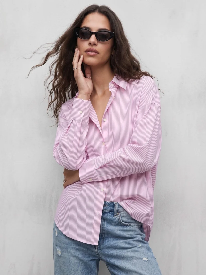 Outzidr  Pink Oversized Drop Shoulder Y/D Stripe Shirt for Women | Best Price UAE