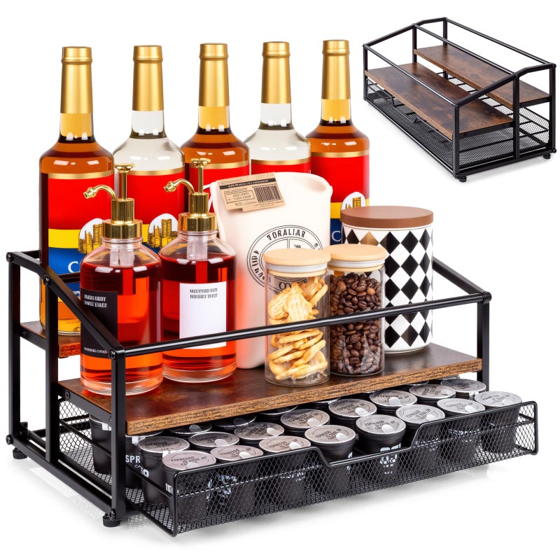 kimilus Coffee Syrup Rack Organizer, 3-Tier 10 Bottle Syrup Rack with 35 K Cup Darwer for Coffee Bar, Countertop Bottle Holder Stand for Dressing for Kitchen Cafe Station - Image 1