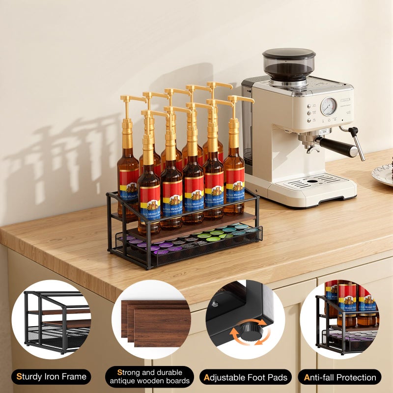 kimilus Coffee Syrup Rack Organizer, 3-Tier 10 Bottle Syrup Rack with 35 K Cup Darwer for Coffee Bar, Countertop Bottle Holder Stand for Dressing for Kitchen Cafe Station - Image 5