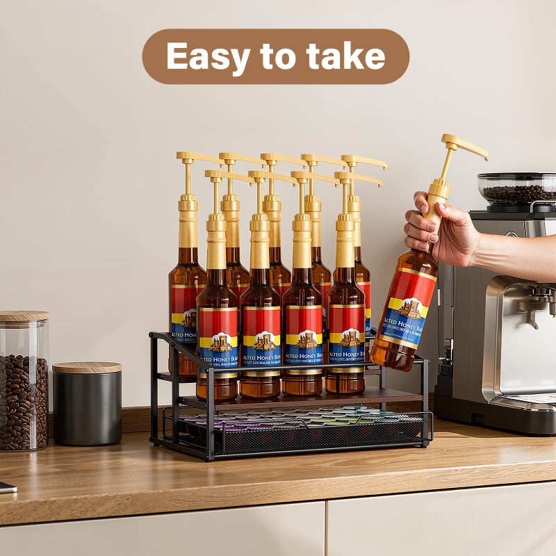 kimilus Coffee Syrup Rack Organizer, 3-Tier 10 Bottle Syrup Rack with 35 K Cup Darwer for Coffee Bar, Countertop Bottle Holder Stand for Dressing for Kitchen Cafe Station - Image 2