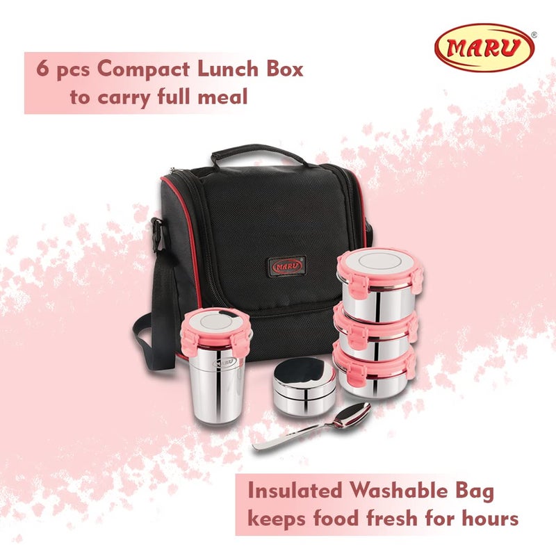 MARU Stainless Steel Lunch Box Set of 5 with Insulated Bag - 4 Multi-Container Compartments, 3 Big Container - 250ML *2 + 350ML, 1 Small Chutney Dabba & 1 Tumbler 400ml. Perfect for Kids & Adult - Image 4