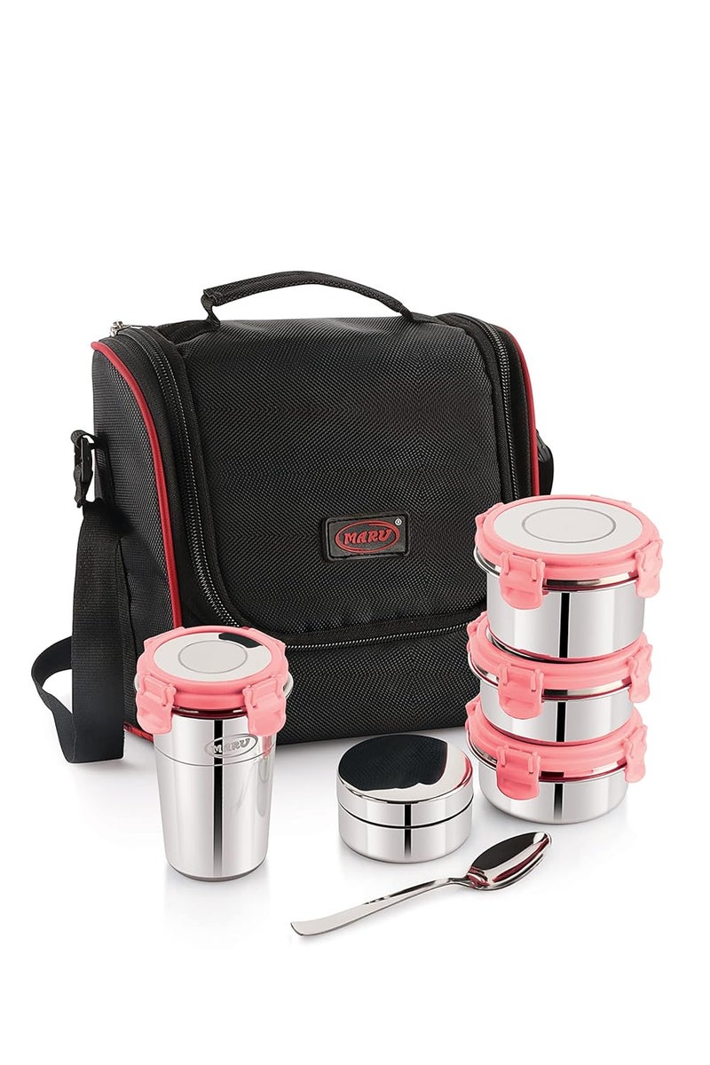 MARU Stainless Steel Lunch Box Set of 5 with Insulated Bag - 4 Multi-Container Compartments, 3 Big Container - 250ML *2 + 350ML, 1 Small Chutney Dabba & 1 Tumbler 400ml. Perfect for Kids & Adult - Image 1