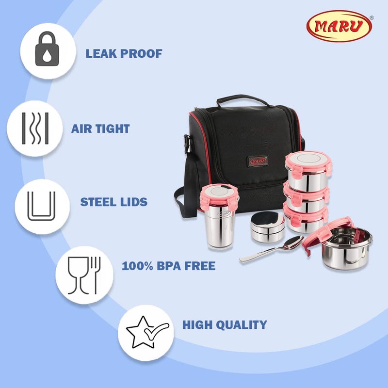 MARU Stainless Steel Lunch Box Set of 5 with Insulated Bag - 4 Multi-Container Compartments, 3 Big Container - 250ML *2 + 350ML, 1 Small Chutney Dabba & 1 Tumbler 400ml. Perfect for Kids & Adult - Image 3