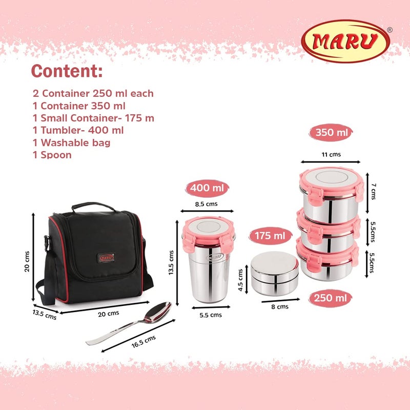 MARU Stainless Steel Lunch Box Set of 5 with Insulated Bag - 4 Multi-Container Compartments, 3 Big Container - 250ML *2 + 350ML, 1 Small Chutney Dabba & 1 Tumbler 400ml. Perfect for Kids & Adult - Image 2