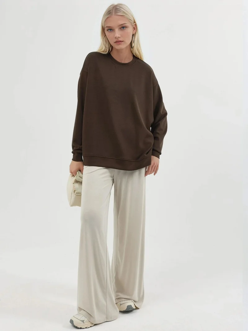 Busem Coffee Brown BUSEM Relaxed Fit Crew Neck Knitted Sweatshirt for Women | Best Price UAE