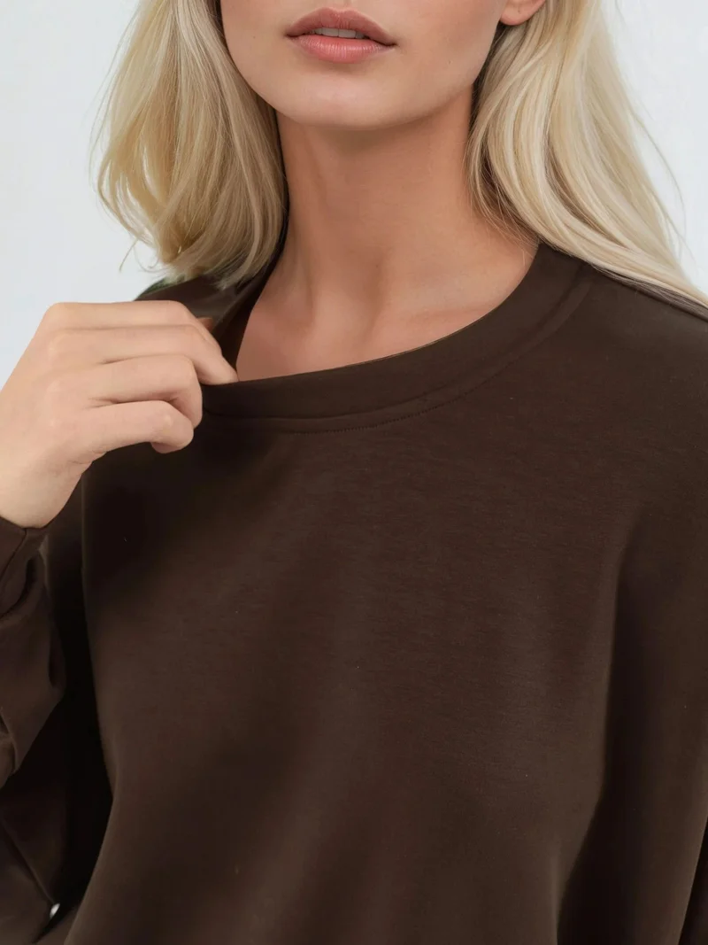 Busem Coffee Brown BUSEM Relaxed Fit Crew Neck Knitted Sweatshirt for Women | Best Price UAE