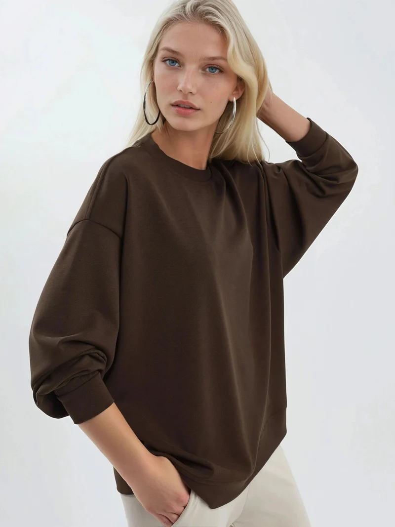 Busem Coffee Brown BUSEM Relaxed Fit Crew Neck Knitted Sweatshirt for Women | Best Price UAE