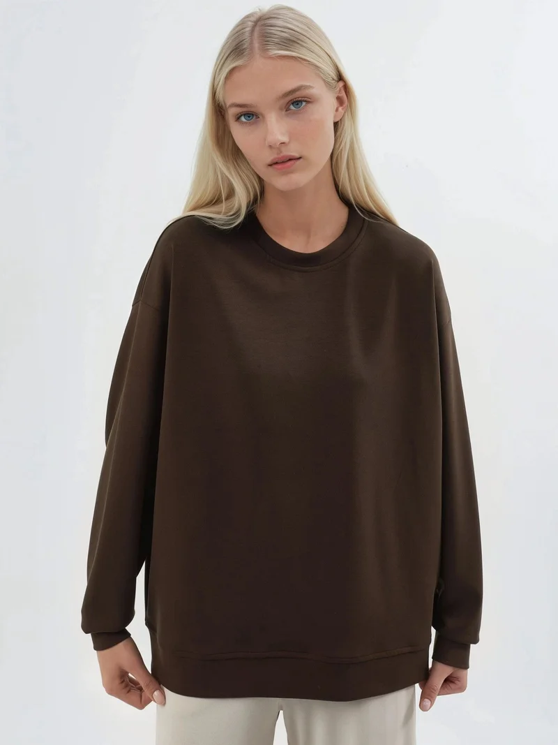 Busem Coffee Brown BUSEM Relaxed Fit Crew Neck Knitted Sweatshirt for Women | Best Price UAE