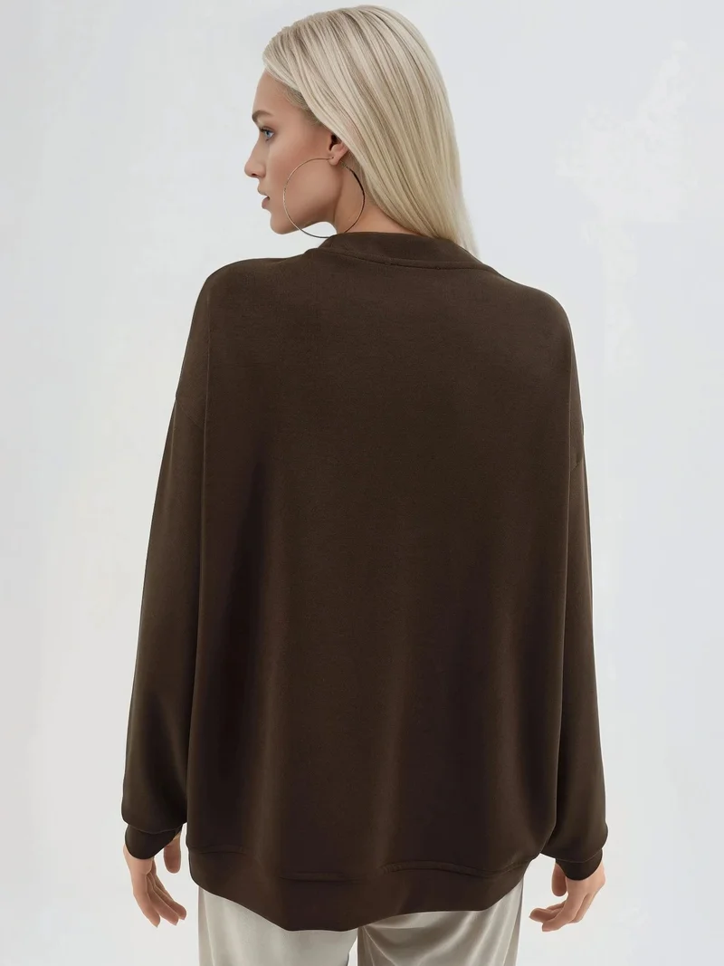 Busem Coffee Brown BUSEM Relaxed Fit Crew Neck Knitted Sweatshirt for Women | Best Price UAE