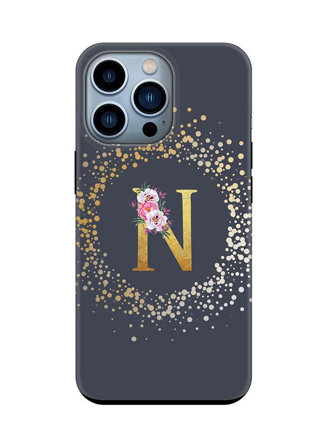 Stylizedd Monogram Tough Cover for Apple iPhone 13 Pro Case Custom Initials Letter Floral Pattern Tough Pro Dual Layer hybrid PC inner TPU protection Alphabet- N (Grey) - Image 1