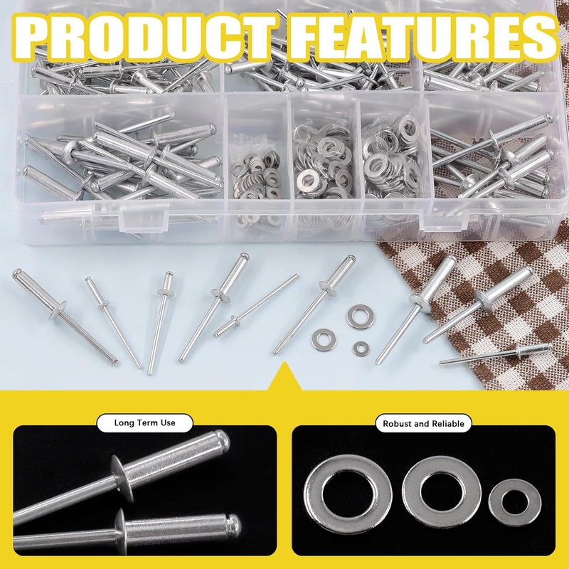 Mardatt 560Pcs Pop Rivets with Washer Assortment Kit Backup Rivet Kit Pop Rivets Aluminum Rivet Stainless Steel Washers for Automotive Furniture(Silver) - Image 3