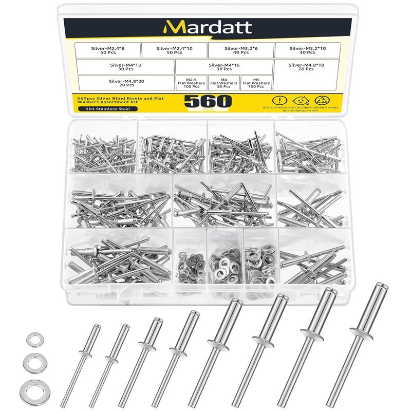 Mardatt 560Pcs Pop Rivets with Washer Assortment Kit Backup Rivet Kit Pop Rivets Aluminum Rivet Stainless Steel Washers for Automotive Furniture(Silver) - Image 1